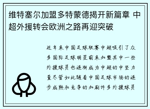 维特塞尔加盟多特蒙德揭开新篇章 中超外援转会欧洲之路再迎突破 维特塞尔加盟多特蒙德揭开新篇章 中超外援转会欧洲之路再迎突破