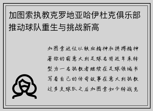 加图索执教克罗地亚哈伊杜克俱乐部推动球队重生与挑战新高