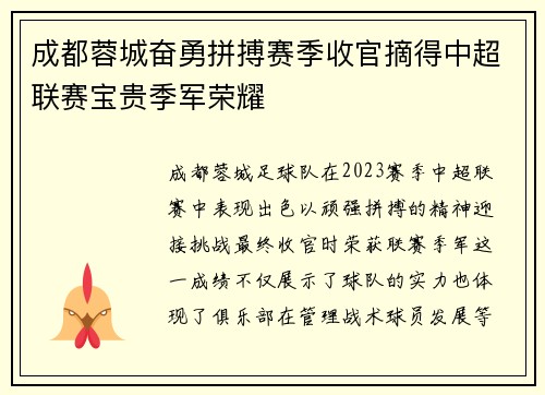 成都蓉城奋勇拼搏赛季收官摘得中超联赛宝贵季军荣耀